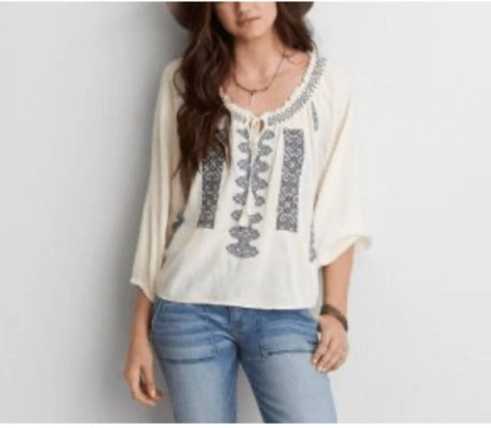 American Eagle Outfitters Cream & Blue Boho Festival Peasant Top Size Small